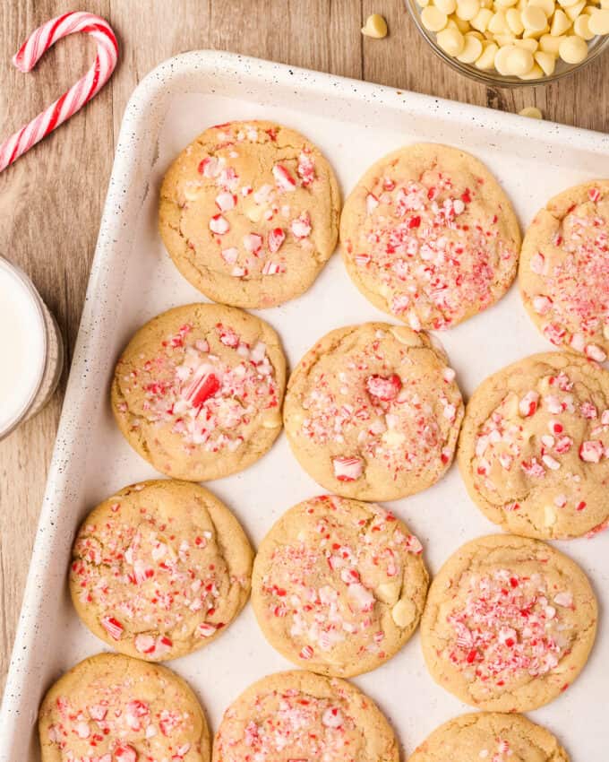 baking sheet with peppermint cookies on it