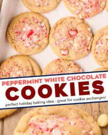 These soft and tender cookies are studded with white chocolate chips and crushed peppermint candy, and can be made without chilling the dough! Perfect for cookie exchanges and holiday dessert trays, they're the ultimate holiday sweet treat.