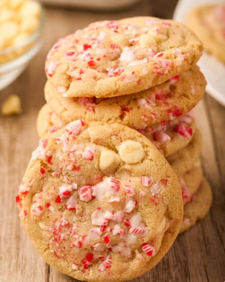 These soft and tender cookies are studded with white chocolate chips and crushed peppermint candy, and can be made without chilling the dough! Perfect for cookie exchanges and holiday dessert trays, they're the ultimate holiday sweet treat.