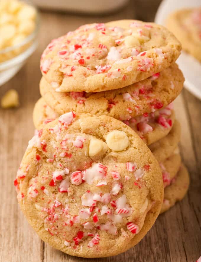 These soft and tender cookies are studded with white chocolate chips and crushed peppermint candy, and can be made without chilling the dough! Perfect for cookie exchanges and holiday dessert trays, they're the ultimate holiday sweet treat.