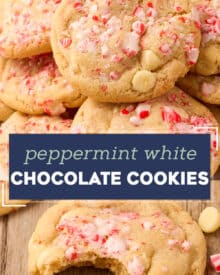 These soft and tender cookies are studded with white chocolate chips and crushed peppermint candy, and can be made without chilling the dough! Perfect for cookie exchanges and holiday dessert trays, they're the ultimate holiday sweet treat.