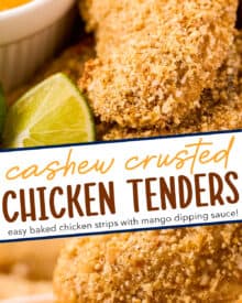 These chicken tenders are crusted with an incredible cashew/coconut coating, and dipped in a simple, yet oh so delicious, fiery mango dipping sauce. Baked instead of fried, this easy chicken recipe is perfect for a weeknight meal!