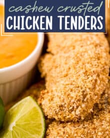 These chicken tenders are crusted with an incredible cashew/coconut coating, and dipped in a simple, yet oh so delicious, fiery mango dipping sauce. Baked instead of fried, this easy chicken recipe is perfect for a weeknight meal!