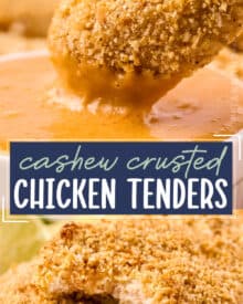 These chicken tenders are crusted with an incredible cashew/coconut coating, and dipped in a simple, yet oh so delicious, fiery mango dipping sauce. Baked instead of fried, this easy chicken recipe is perfect for a weeknight meal!