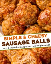 These savory cheesy sausage balls are made with 6 simple ingredients (including spices), and come together quickly. They're the perfect party appetizer that can be made ahead of time and even frozen!