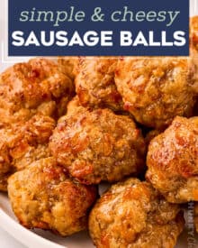 These savory cheesy sausage balls are made with 6 simple ingredients (including spices), and come together quickly. They're the perfect party appetizer that can be made ahead of time and even frozen!