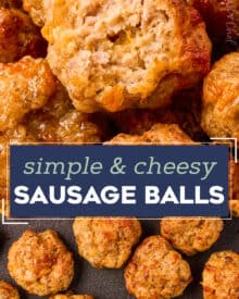 These savory cheesy sausage balls are made with 6 simple ingredients (including spices), and come together quickly. They're the perfect party appetizer that can be made ahead of time and even frozen!