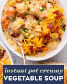 This Instant Pot Creamy Vegetable Soup is packed with plenty of vegetables and potatoes, cooked in a seasoned creamy base, and finished off with cheese! A family favorite amongst kids and adults, this soup is perfect on a cold evening.