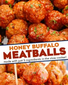 These Honey Buffalo Crockpot Meatballs are slow cooked in a mouthwatering sweet and spicy sauce made from just 4 ingredients! Perfect as a party appetizer, game day treat, or fun dinner!