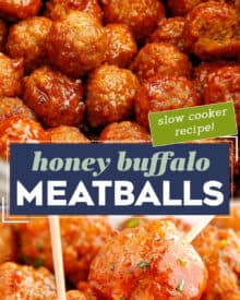 These Honey Buffalo Crockpot Meatballs are slow cooked in a mouthwatering sweet and spicy sauce made from just 4 ingredients! Perfect as a party appetizer, game day treat, or fun dinner!