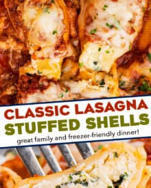 Al dente pasta shells are stuffed with a cheesy ricotta, spinach and garlic filling, then smothered in a hearty meat sauce and mozzarella cheese, then baked until bubbly and golden brown! Perfect for a big family dinner and as a freezer-meal!