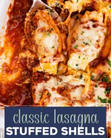 Al dente pasta shells are stuffed with a cheesy ricotta, spinach and garlic filling, then smothered in a hearty meat sauce and mozzarella cheese, then baked until bubbly and golden brown! Perfect for a big family dinner and as a freezer-meal!