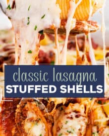 Al dente pasta shells are stuffed with a cheesy ricotta, spinach and garlic filling, then smothered in a hearty meat sauce and mozzarella cheese, then baked until bubbly and golden brown! Perfect for a big family dinner and as a freezer-meal!