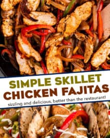 Juicy chicken, quickly marinated with a homemade fajita seasoning blend, seared and lightly charred with peppers and onions, all in the same skillet. Great in tacos, bowls, burritos, or just eaten with a fork. The perfect Tex-Mex weeknight dinner idea!