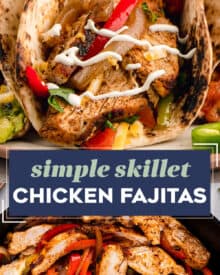 Juicy chicken, quickly marinated with a homemade fajita seasoning blend, seared and lightly charred with peppers and onions, all in the same skillet. Great in tacos, bowls, burritos, or just eaten with a fork. The perfect Tex-Mex weeknight dinner idea!
