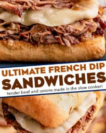 These Slow Cooker French Dip Sandwiches are made with ultra tender roasted beef, melted provolone cheese, soft hoagie bread, and dipped into an amazing au jus sauce. Perfect cold weather comfort food for the whole family!