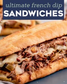 These Slow Cooker French Dip Sandwiches are made with ultra tender roasted beef, melted provolone cheese, soft hoagie bread, and dipped into an amazing au jus sauce. Perfect cold weather comfort food for the whole family!