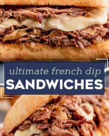 These Slow Cooker French Dip Sandwiches are made with ultra tender roasted beef, melted provolone cheese, soft hoagie bread, and dipped into an amazing au jus sauce. Perfect cold weather comfort food for the whole family!