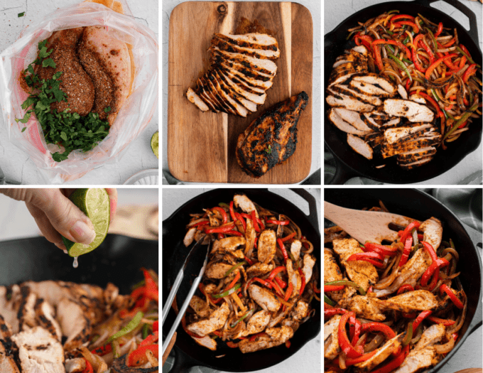 step by step photos of how to make chicken fajitas in a skillet