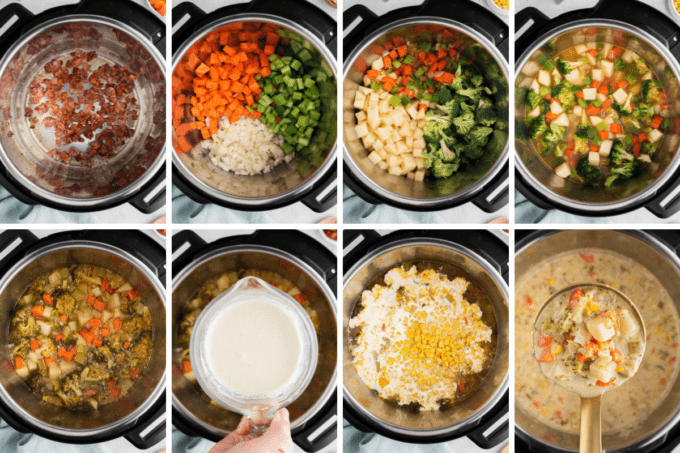 step by step photos of how to make creamy vegetable soup in an instant pot