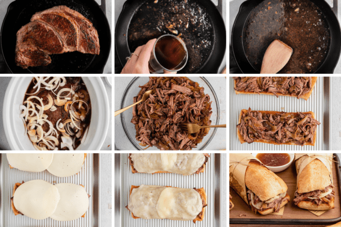 step by step photos of how to make french dip sandwiches in the slow cooker
