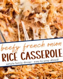 Buttery, rich, and incredibly hearty, this baked rice casserole is made with french onion soup, beef broth, butter, onion, ground beef, fresh mushrooms, spices, gooey cheese, and topped with crunchy french fried onions! Perfect for a family dinner, this recipe can also be made partially ahead of time, and frozen!