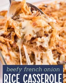 Buttery, rich, and incredibly hearty, this baked rice casserole is made with french onion soup, beef broth, butter, onion, ground beef, fresh mushrooms, spices, gooey cheese, and topped with crunchy french fried onions! Perfect for a family dinner, this recipe can also be made partially ahead of time, and frozen!
