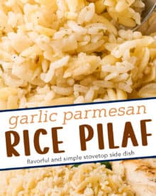 Simple yet full of flavor, this garlic parmesan rice pilaf is made with rice, tender orzo pasta, and plenty of garlic and cheese. It’s an easy side dish that’s perfect with just about any main dish, and tastes like a homemade version of Rice-a-Roni!