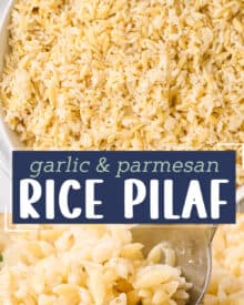 Simple yet full of flavor, this garlic parmesan rice pilaf is made with rice, tender orzo pasta, and plenty of garlic and cheese. It’s an easy side dish that’s perfect with just about any main dish, and tastes like a homemade version of Rice-a-Roni!