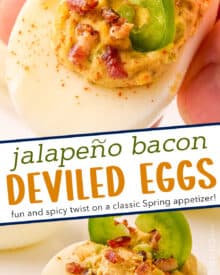 These Jalapeño Bacon Deviled Eggs are so creamy, with a spicy and savory flavor, and easy to make and even prep ahead. Perfect for a bbq, potluck, holidays, and more!