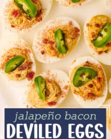 These Jalapeño Bacon Deviled Eggs are so creamy, with a spicy and savory flavor, and easy to make and even prep ahead. Perfect for a bbq, potluck, holidays, and more!