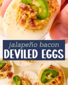 These Jalapeño Bacon Deviled Eggs are so creamy, with a spicy and savory flavor, and easy to make and even prep ahead. Perfect for a bbq, potluck, holidays, and more!