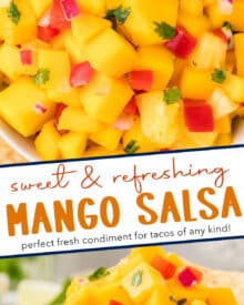 This fresh salsa is made with juicy ripe mangos, fresh pineapple, crunchy bell peppers, spicy fresno pepper, red onion and more! Mango salsa is the perfect accompaniment to your seafood, chicken, or pork tacos!