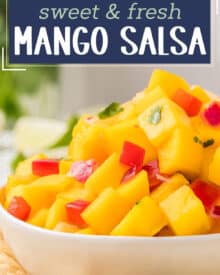 This fresh salsa is made with juicy ripe mangos, fresh pineapple, crunchy bell peppers, spicy fresno pepper, red onion and more! Mango salsa is the perfect accompaniment to your seafood, chicken, or pork tacos!