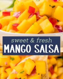 This fresh salsa is made with juicy ripe mangos, fresh pineapple, crunchy bell peppers, spicy fresno pepper, red onion and more! Mango salsa is the perfect accompaniment to your seafood, chicken, or pork tacos!