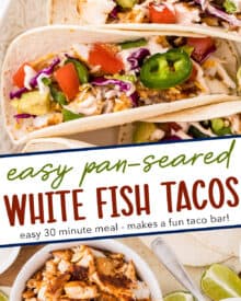 These ultra flavorful tacos are made in just 30 minutes with seasoned white fish, an incredible 2 ingredient sauce, and any toppings you'd like! Try it out for a Friday meal, a taco bar, or fun family dinner!