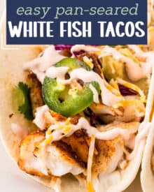 These ultra flavorful tacos are made in just 30 minutes with seasoned white fish, an incredible 2 ingredient sauce, and any toppings you'd like! Try it out for a Friday meal, a taco bar, or fun family dinner!