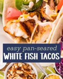 These ultra flavorful tacos are made in just 30 minutes with seasoned white fish, an incredible 2 ingredient sauce, and any toppings you'd like! Try it out for a Friday meal, a taco bar, or fun family dinner!