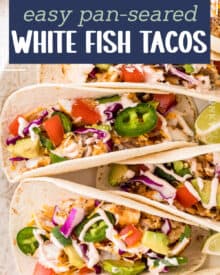 These ultra flavorful tacos are made in just 30 minutes with seasoned white fish, an incredible 2 ingredient sauce, and any toppings you'd like! Try it out for a Friday meal, a taco bar, or fun family dinner!