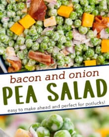 This classic pea salad is made with crisp tender sweet peas, crunchy red onion, salty bacon, creamy cheese cubes, and a sweet and tangy dressing. It's the perfect side dish to bring to a spring/summer potluck, holiday or a family dinner, and it's easy to make ahead as well!