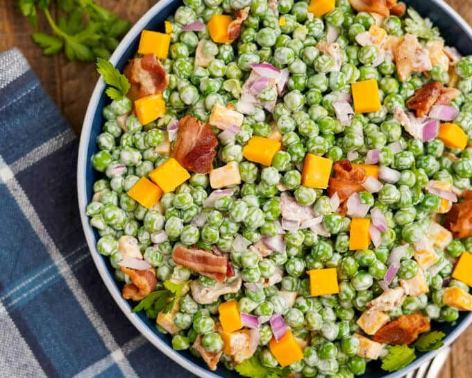 pea salad recipe in a serving bowl