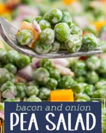 This classic pea salad is made with crisp tender sweet peas, crunchy red onion, salty bacon, creamy cheese cubes, and a sweet and tangy dressing. It's the perfect side dish to bring to a spring/summer potluck, holiday or a family dinner, and it's easy to make ahead as well!
