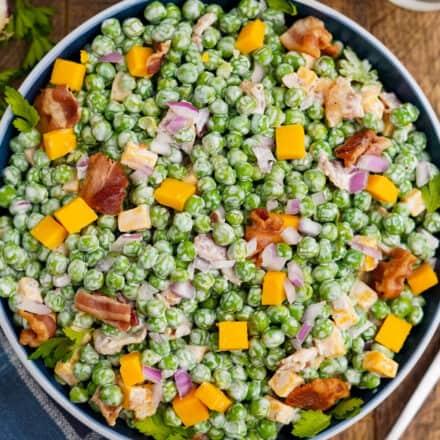 overhead photo of a bowl of pea salad