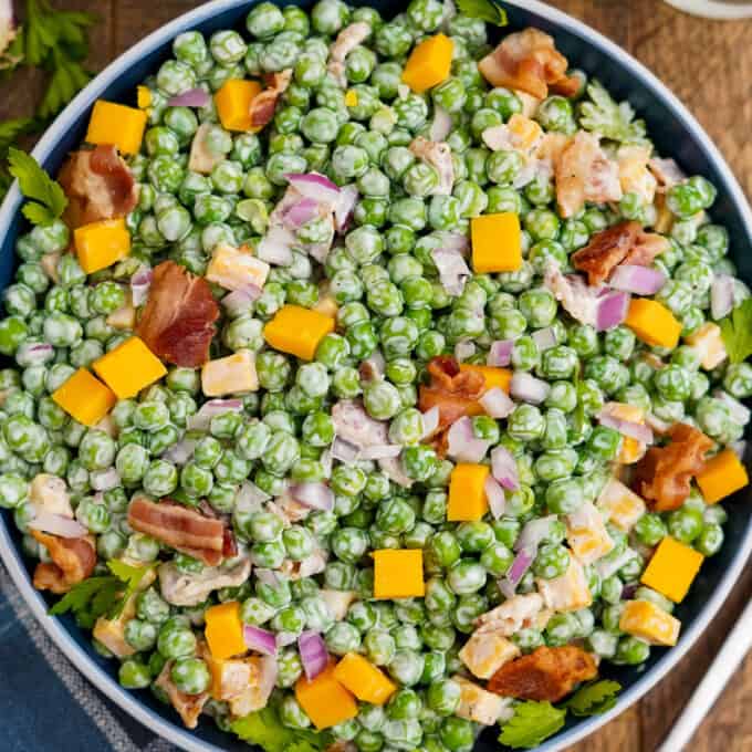 overhead photo of a bowl of pea salad