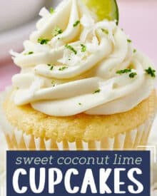 These coconut cupcakes are the perfect blend of fluffy, soft, and moist! They're topped off with a mouthwatering lime cream cheese frosting, and absolutely perfect for any summer celebrations! Garnish with lime zest and coconut, or decorate with holiday colors.