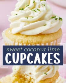 These coconut cupcakes are the perfect blend of fluffy, soft, and moist! They're topped off with a mouthwatering lime cream cheese frosting, and absolutely perfect for any summer celebrations! Garnish with lime zest and coconut, or decorate with holiday colors.