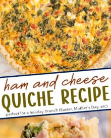 This quiche recipe is loaded with savory flavors like ham, cheese, spinach, cream cheese, green onions and more! Plus it can be made with a homemade OR store-bought pie crust, can be prepped ahead, and is perfect for a holiday brunch!