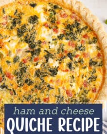 This quiche recipe is loaded with savory flavors like ham, cheese, spinach, cream cheese, green onions and more! Plus it can be made with a homemade OR store-bought pie crust, can be prepped ahead, and is perfect for a holiday brunch!