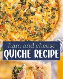 This quiche recipe is loaded with savory flavors like ham, cheese, spinach, cream cheese, green onions and more! Plus it can be made with a homemade OR store-bought pie crust, can be prepped ahead, and is perfect for a holiday brunch!