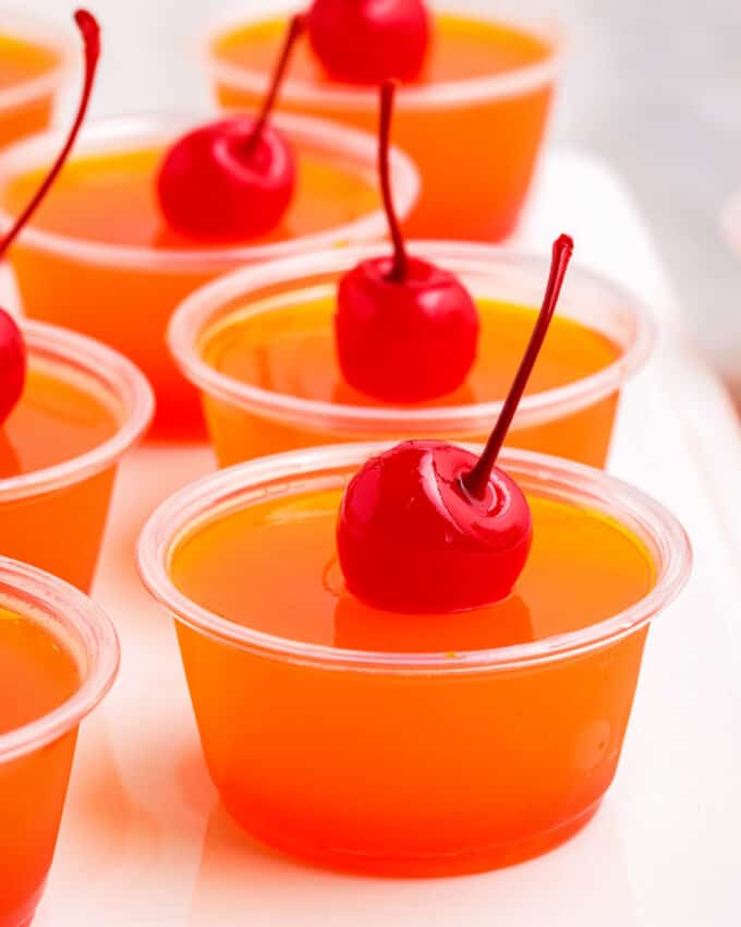 tequila jello shots garnished with a cherry lined up on a white plate